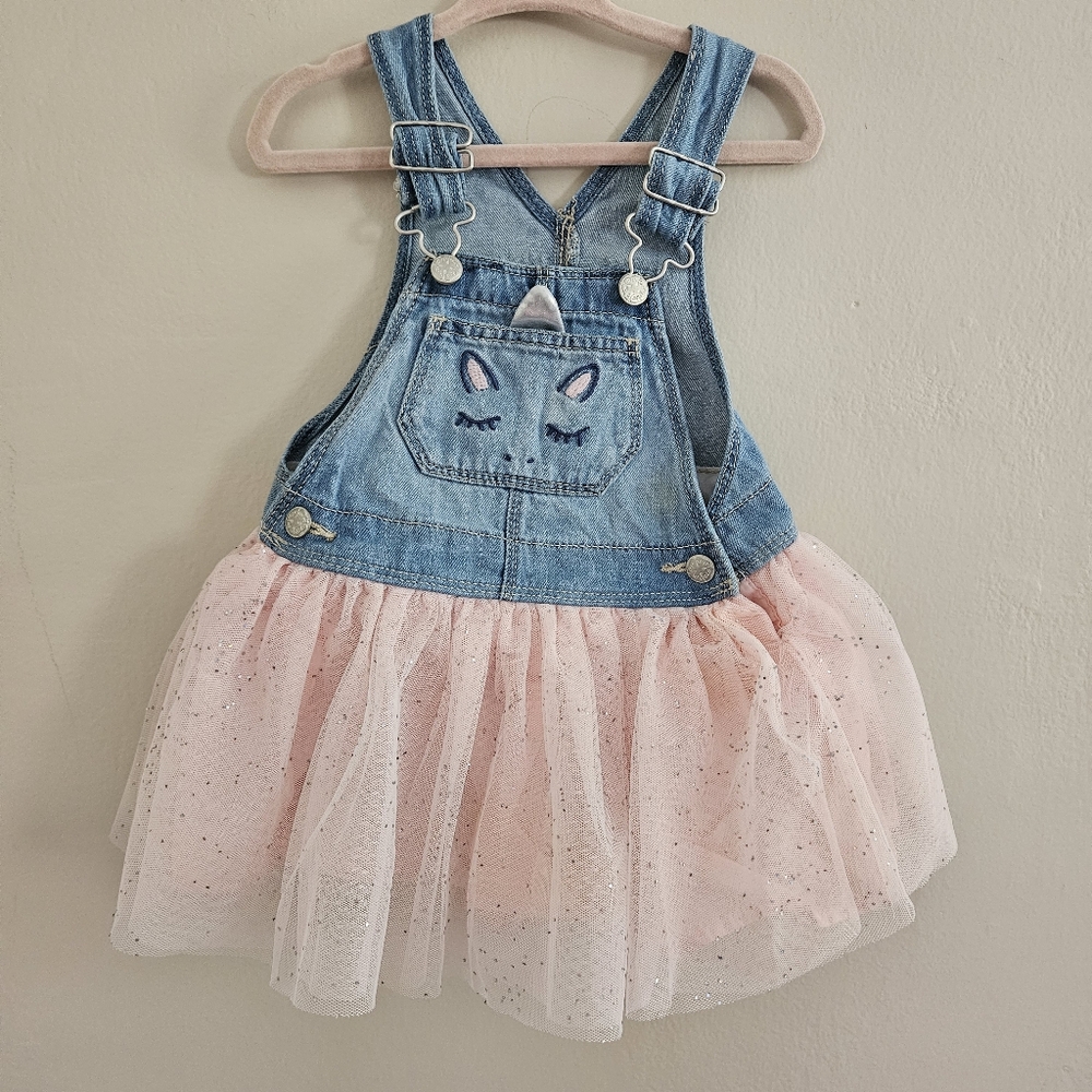 Oshkosh Baby Girl 18 Month Unicorn Denim Overall Pink Glitter Tutu Dress